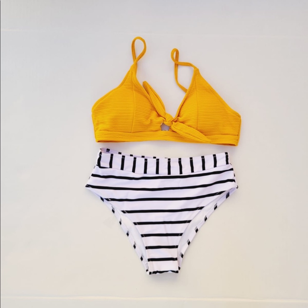 Women's Two-Piece Bikini with Bow Knot Top and Striped Bottoms Small